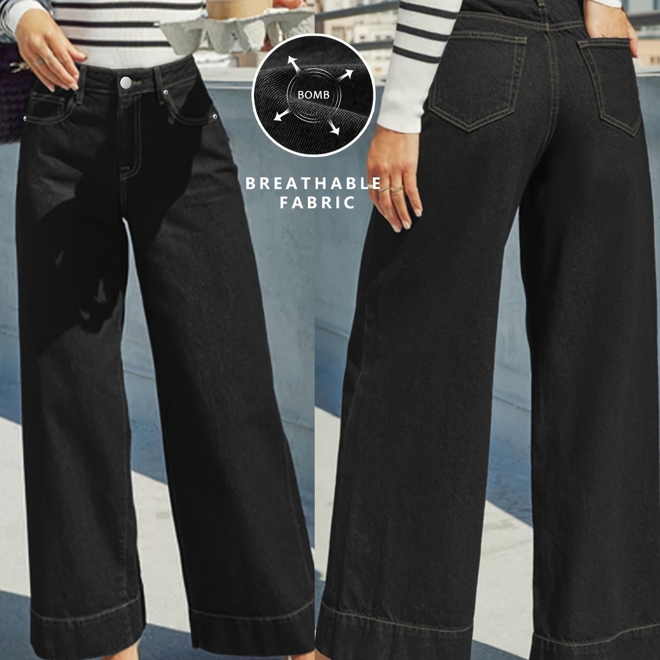 Højtaljede Løse Denim-Jeans med Omslået Kant