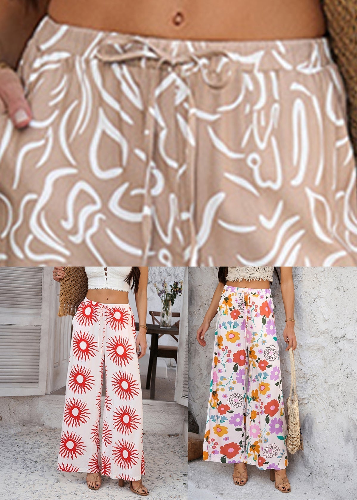Svale Højtaljede Bukser med Blomsterprint og Løs Pasform