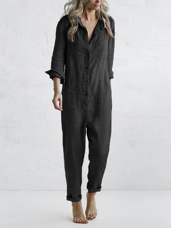 Luna - Trendy Langærmet Jumpsuit med Knaplås og Klaplommer