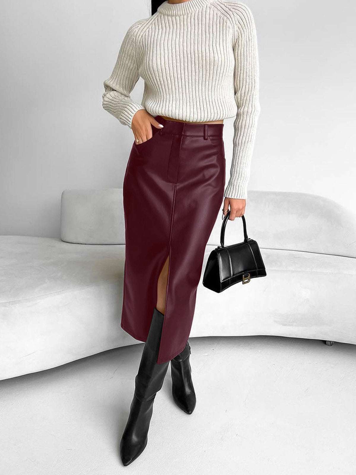 Allegra | Elegant Midi Kjol med Djup Slits