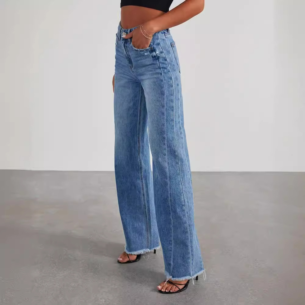 Stilfulde Denim Bukser med Høj Talje og Lige Snit