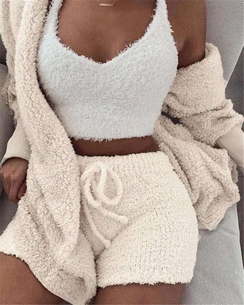 Chict Set med Kort Topp, Lång Cardigan och Bekväma Shorts