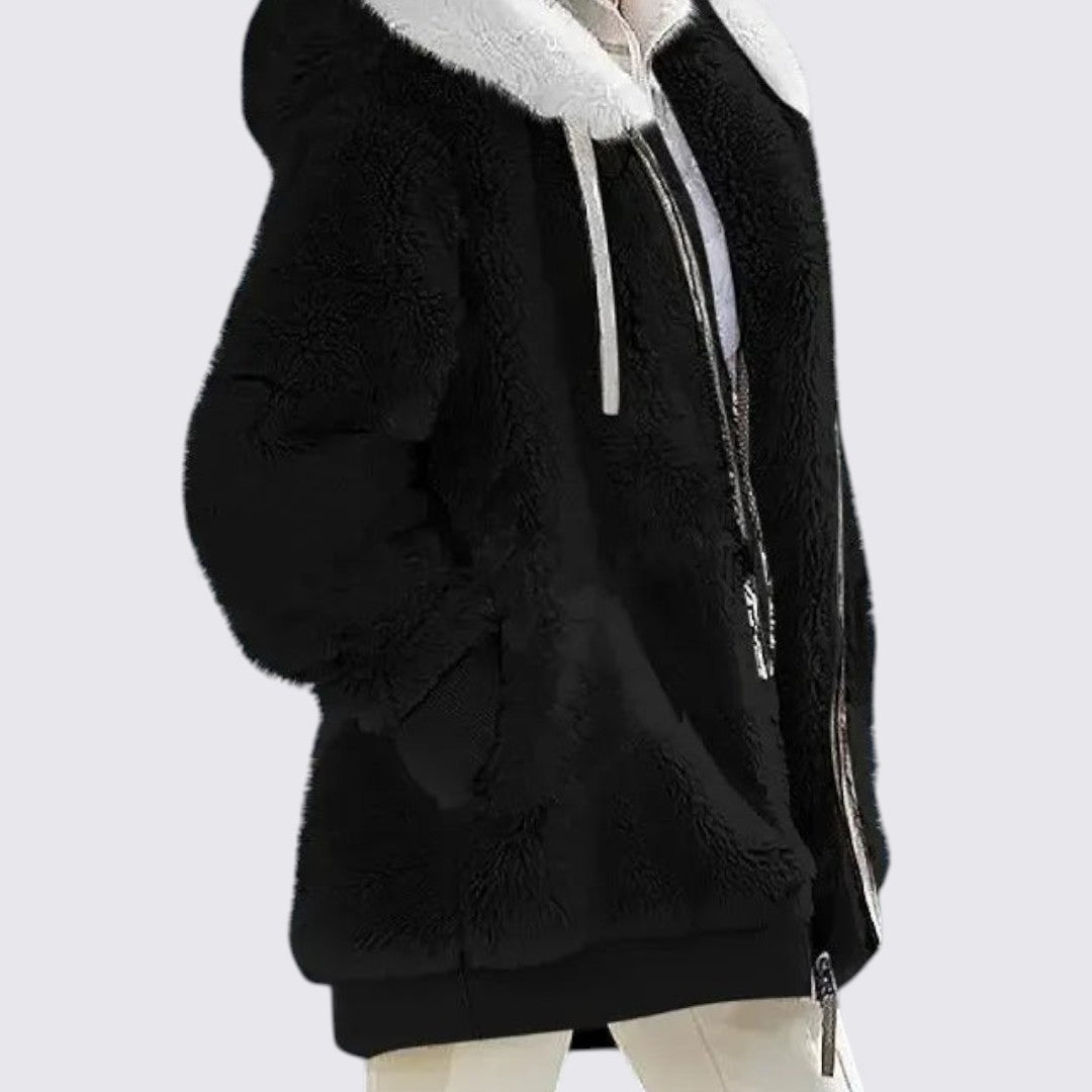 Dame hættejakke med lynlås – Blødt teddy-materiale – Løs pasform