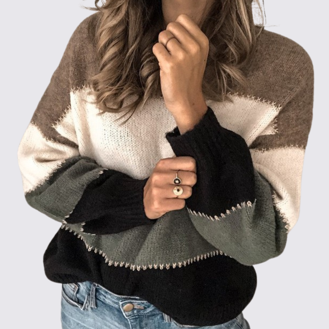 Dame sweater med rund halsudskæring – strik sweater – farveblok