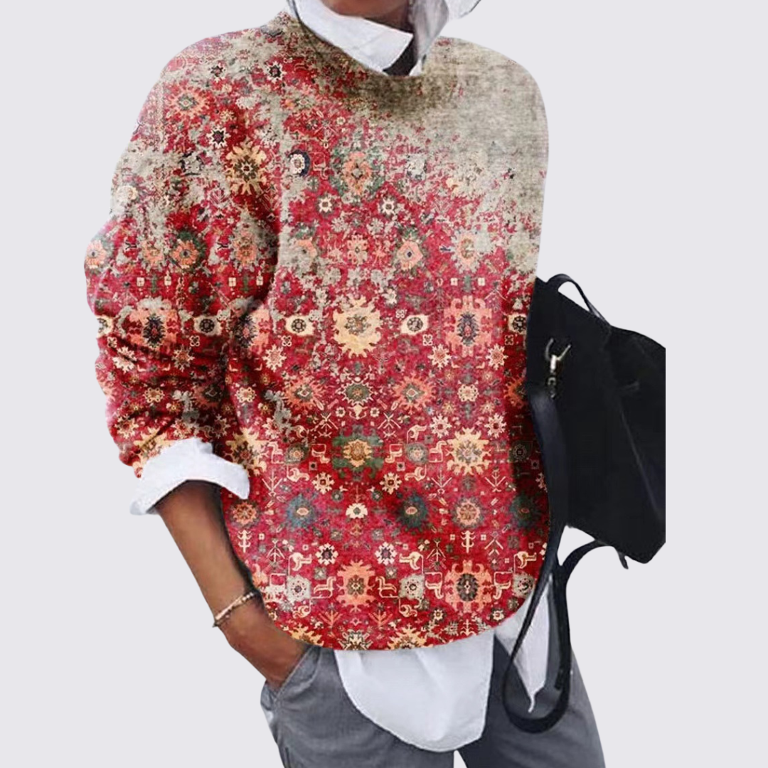 Dame sweater med rund halsudskæring – strik sweater – patchwork mønster