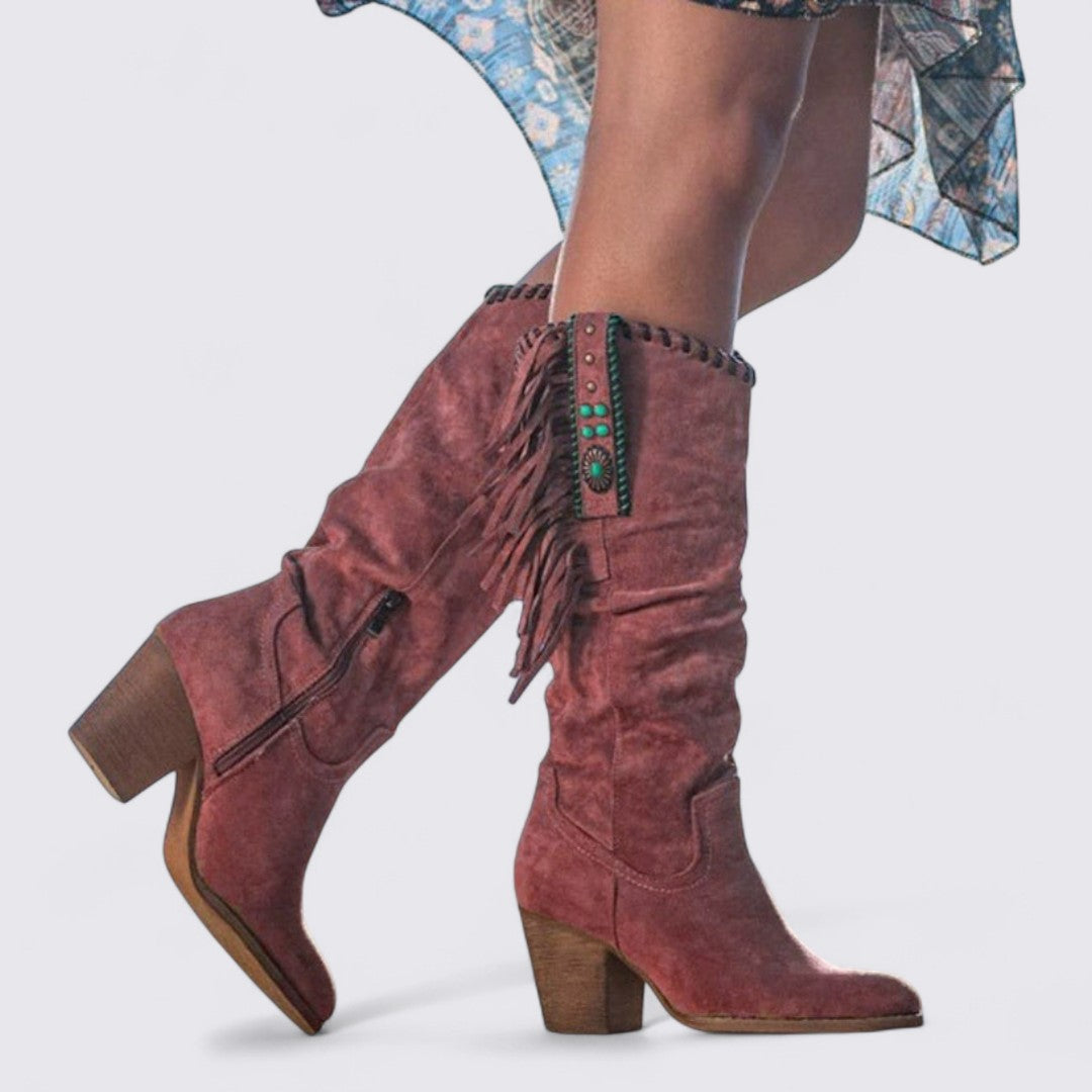 Dame støvler med blokk hæl - Knæhøj - Løs skaft