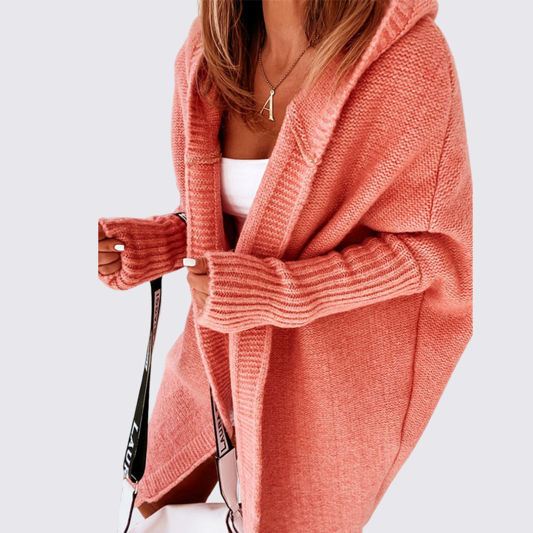 Dame strikjakke med hætte – Oversized strikjakke – Løs pasform