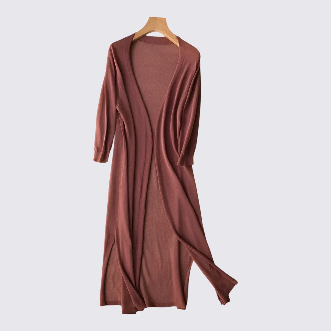 Dame strikjakke med lang skæring - Lang strikjakke - Åben form