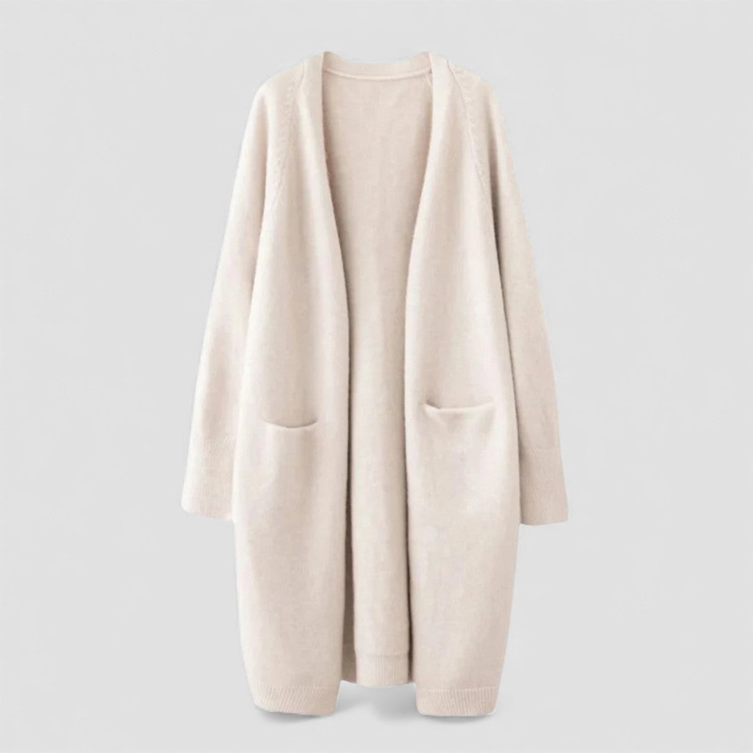 Dame Strikjakke med Åben Form - Lang Strikjakke - Med Lommer