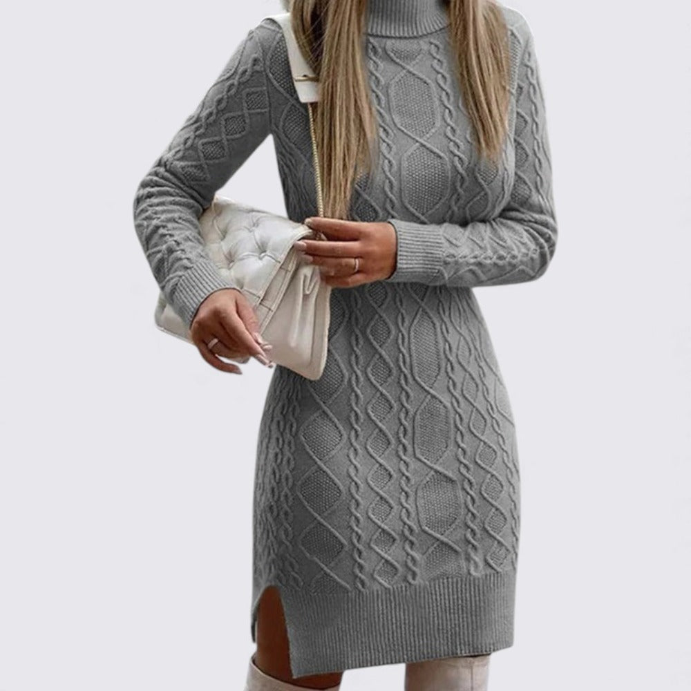 Dame strikkjole med ståkrave - Lange ærmer - Snøre mønster kjole