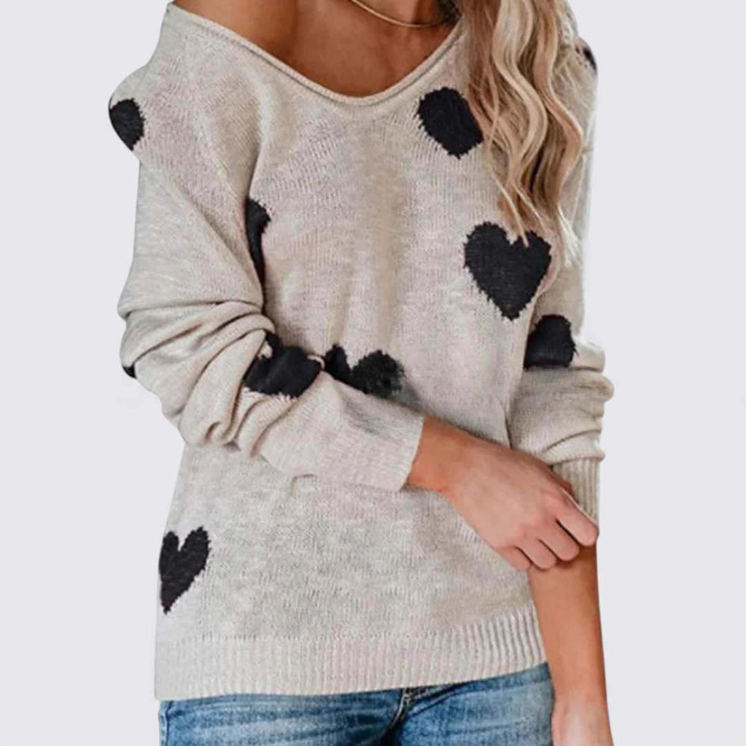 Dame strikketrøje med hjerte mønster – Langærmet trøje – Rund halsudskæring