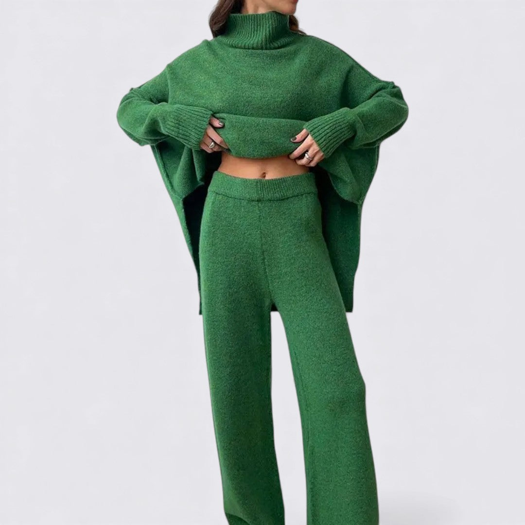 Dame To-delt Strik Sæt – Løs Pasform – Rullekrave Top