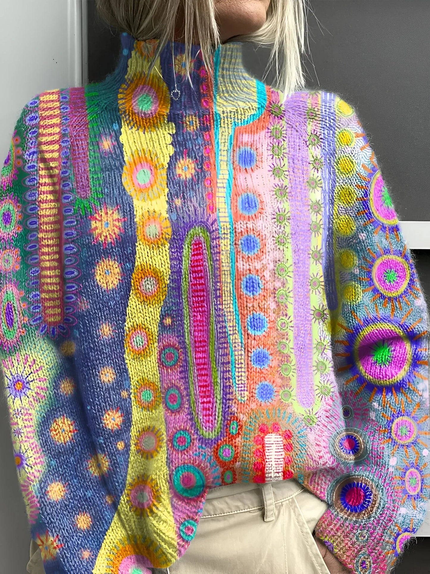 Aurora - Färgglad Stickad Turtleneck Tröja