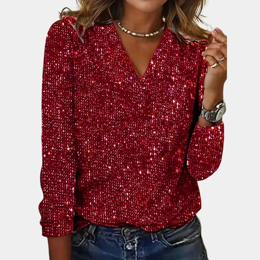 Damblus med V-hals och lång ärm i glitterdesign