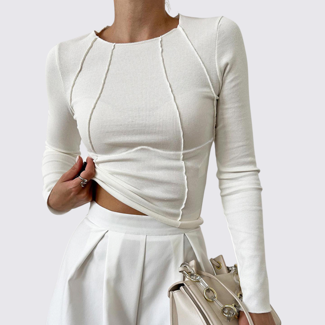 Dame Langærmet Overdel – Rund Hals – Ribbebånd