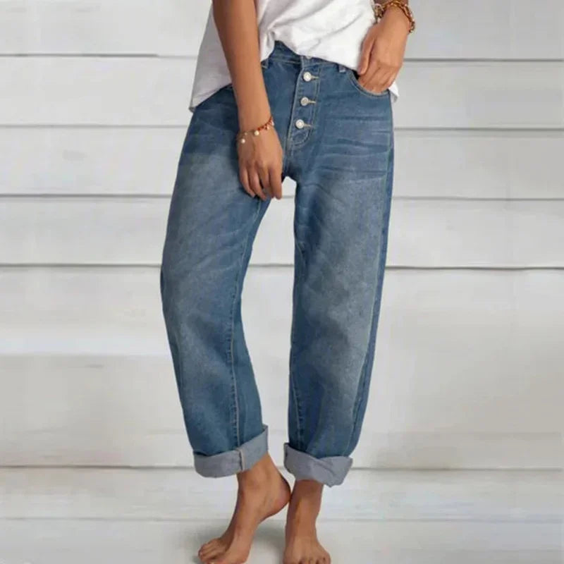 Sofia | Stilsäker Våren Jeans med Knappdetalj och Lätt Passform