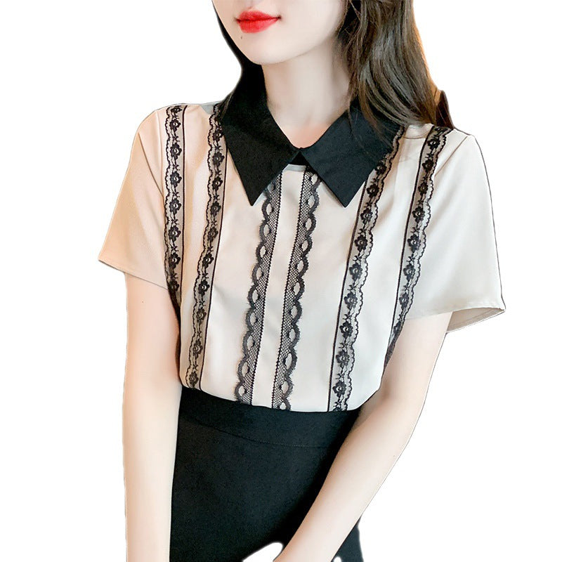 Feminine Bluse med Spidsdetaljer og Stribedesign