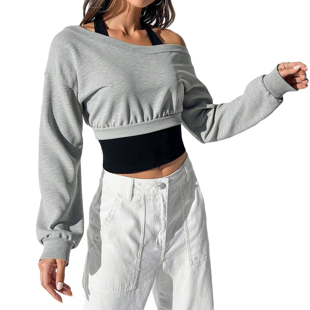 Moderne cropped sweatshirt med åbne skuldre og elastisk talje