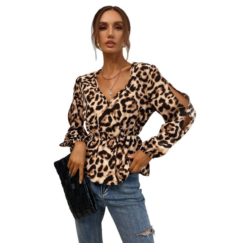 Elegant Bluse med Flæser og Dyreprint