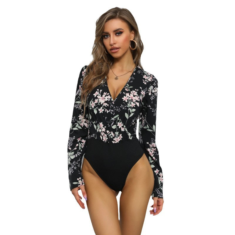 Blomsterprint Bluse med Dybt V-Hals