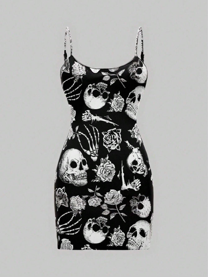 Dynamisk minikjole med skull- og rosenprint