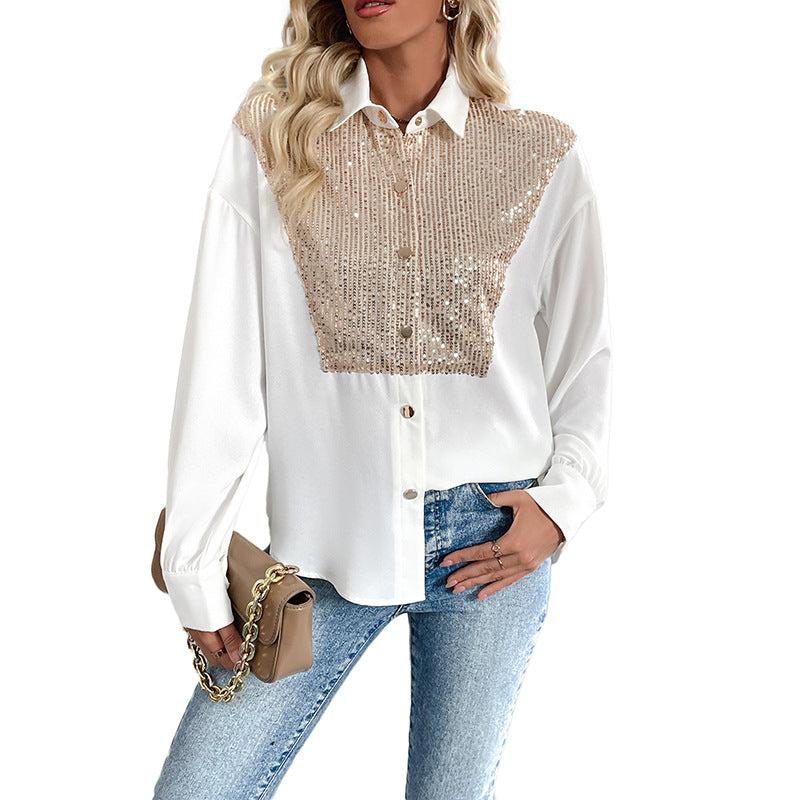 Glamourøs Bluse med Strålende Pailletter og Elegant Krave