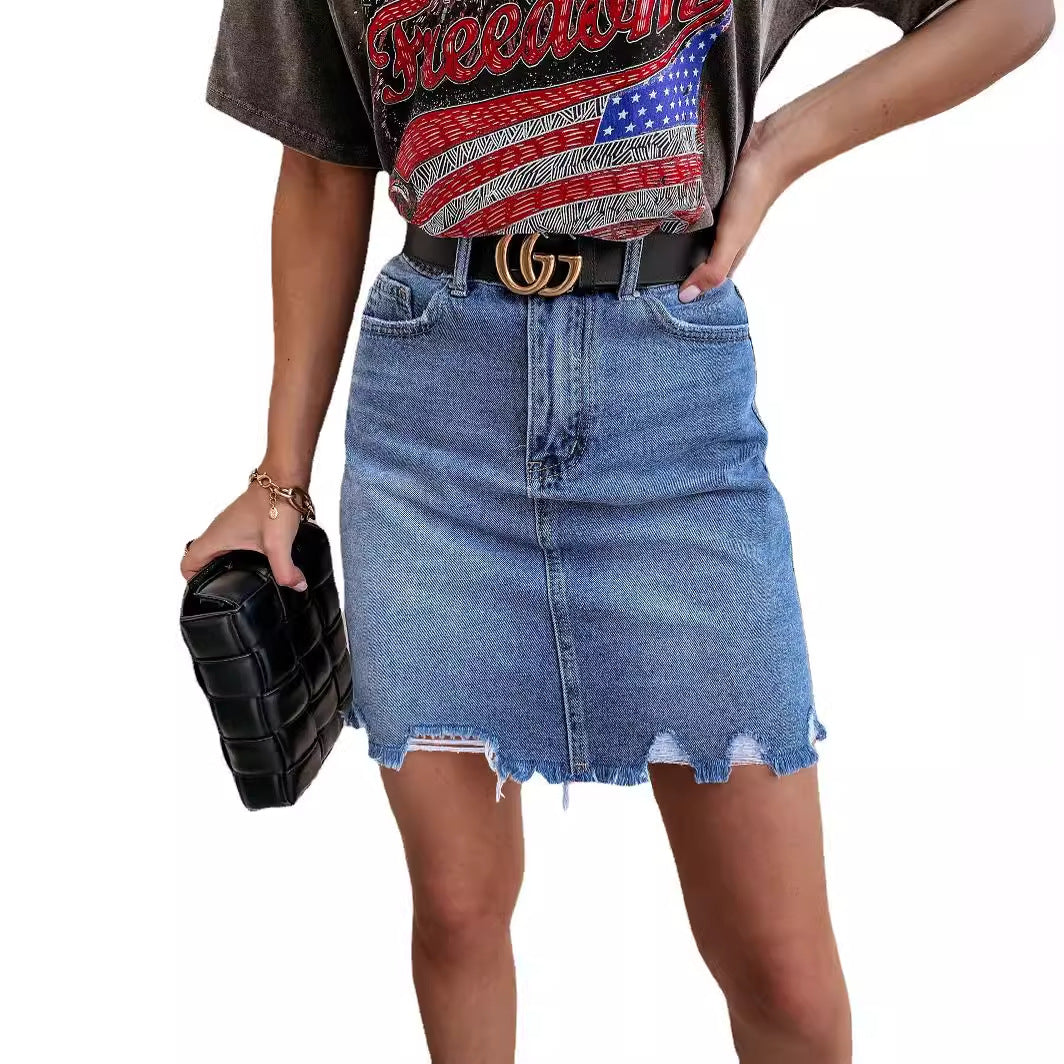 Vintage-Inspireret Denim Miniskirt med Fringed Kant