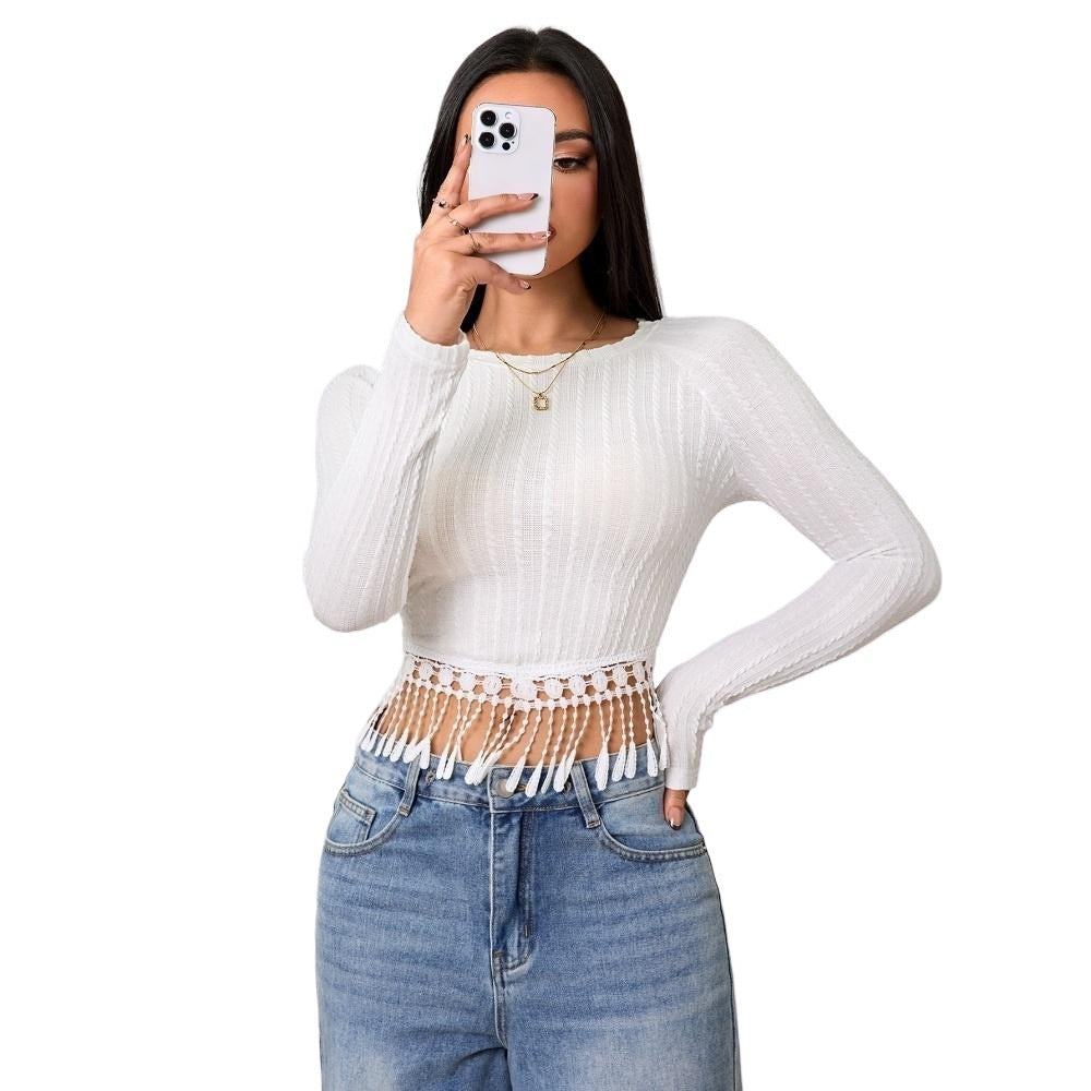 Croppad långärmad blus med unika fransar i trendig design