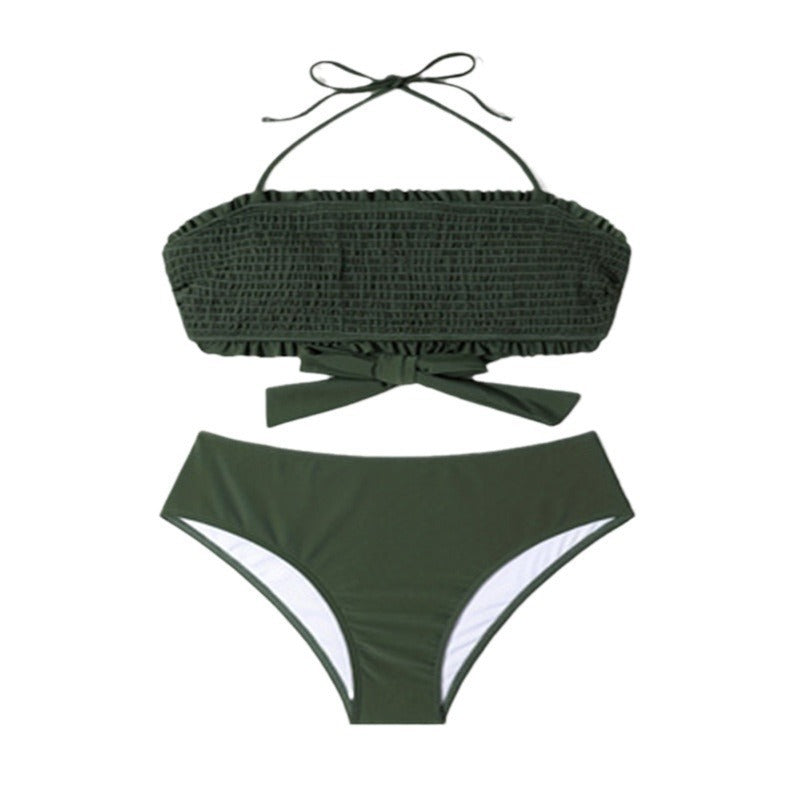 Stilrent Bandeau-Bikini med Rynkdetaljer och Justerbara Band