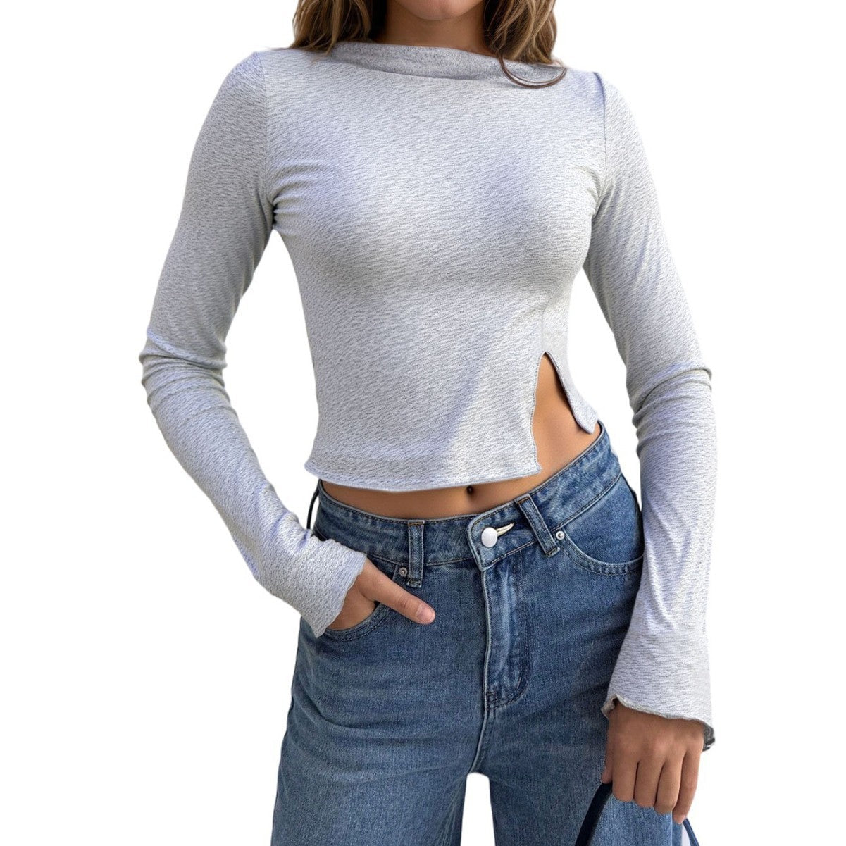 Moderne cropped langærmet skjorte med slidse og stilfuldt design