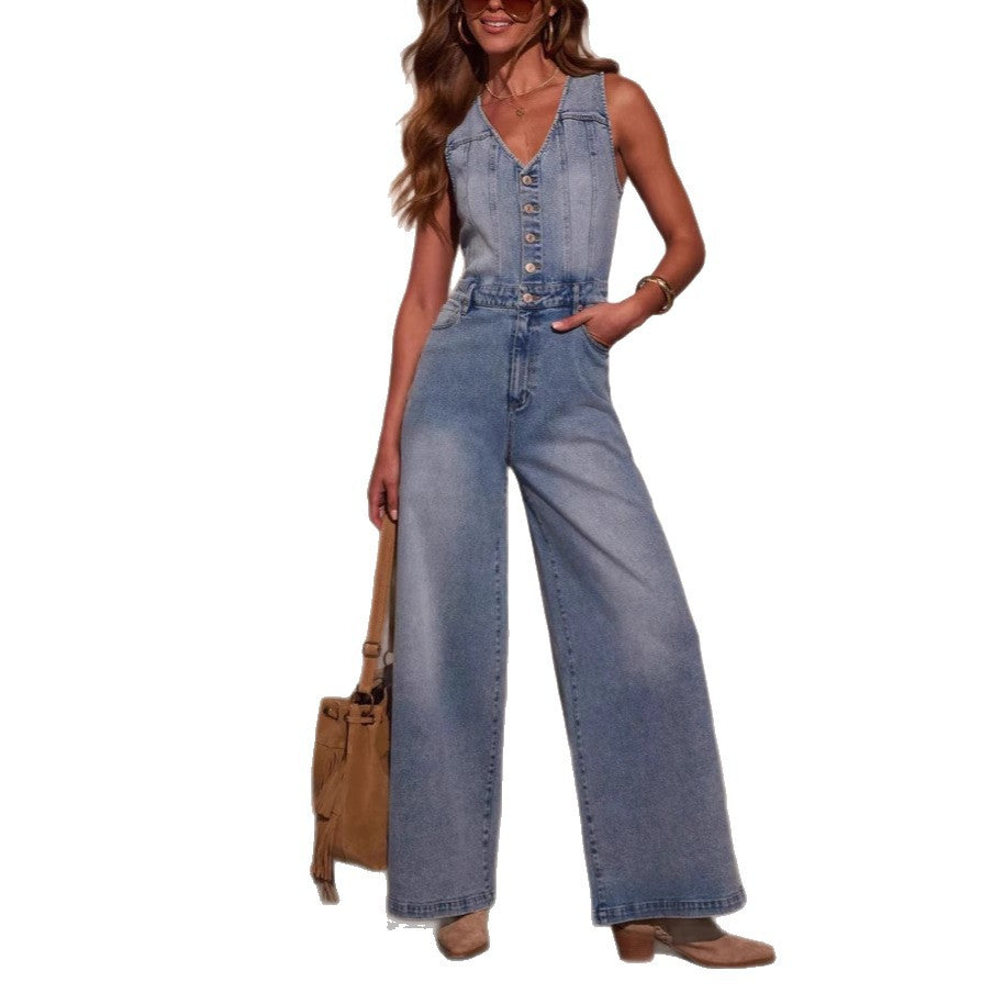 Elegant Denim-Jumpsuit med Høj Talje og Unikke Knapdetaljer