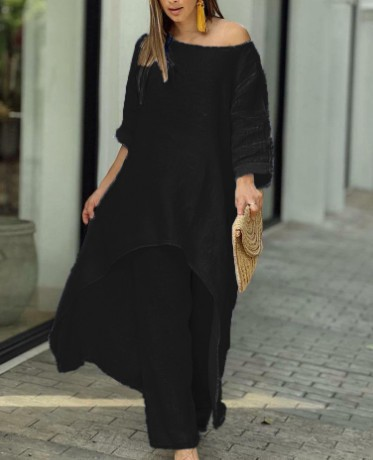 Asymmetriskt, stilrent set med vida byxor – skapa din look