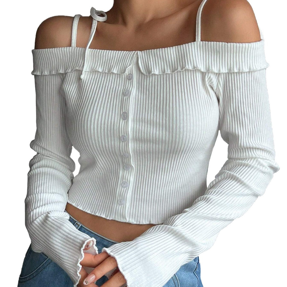 Stilfuld cropped bluse med off-shoulder og volanger