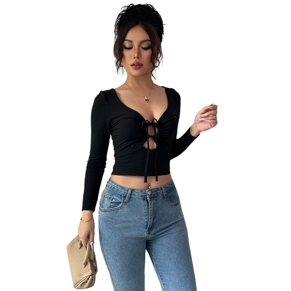 Elegant Crop-Bluse med Knytning og Lange Ærmer