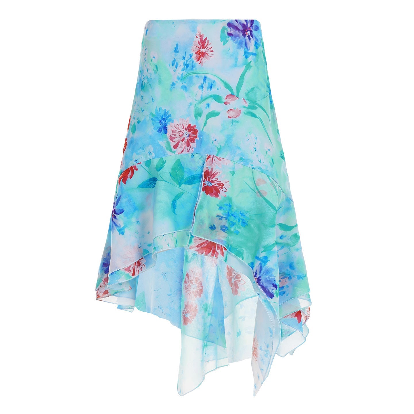 Asymmetrisk Volangkjol med Blommig Chiffon