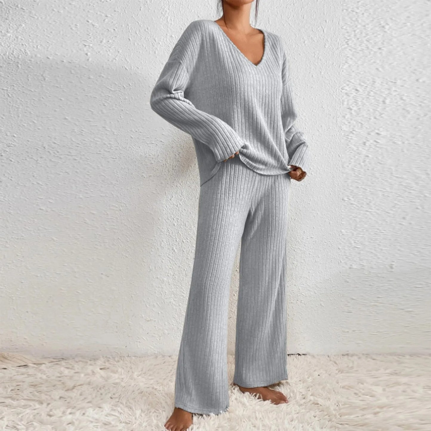 Elegant Loungewear Sæt med Langærmet Top og Løse Bukser