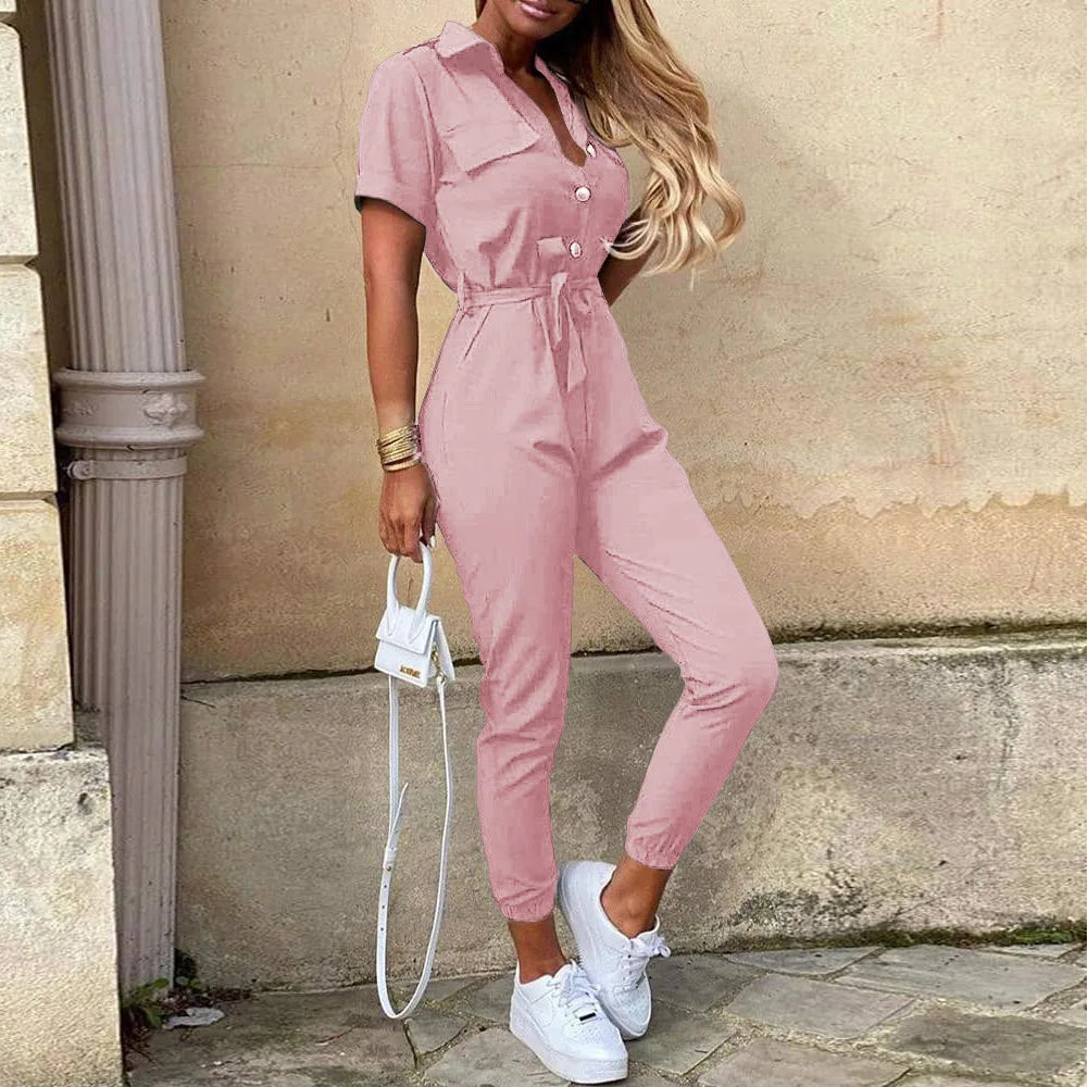 Jumpsuit för kvinnor med korta ärmar och knytbälte