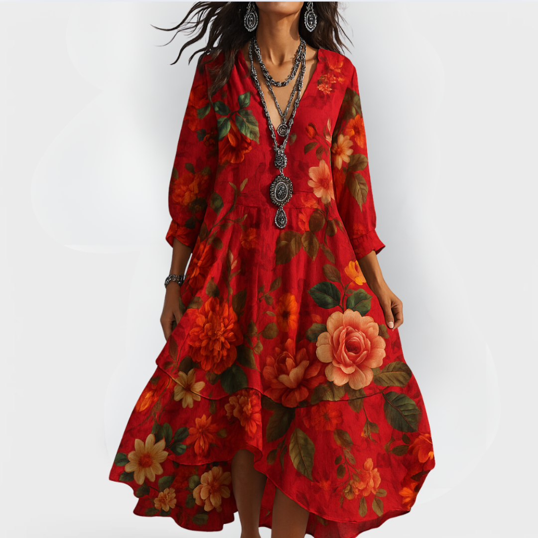 Soleil | Vintage Boho V-ringad Klänning för Kvinnor