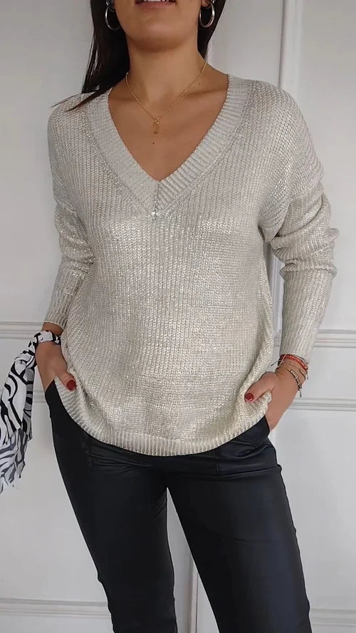 Elegant Langærmet Bluse med V-Udskæring og Guldprint