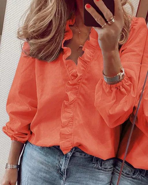 Sofia | Elegant Blus med V-ringning och Rynkad Detalj