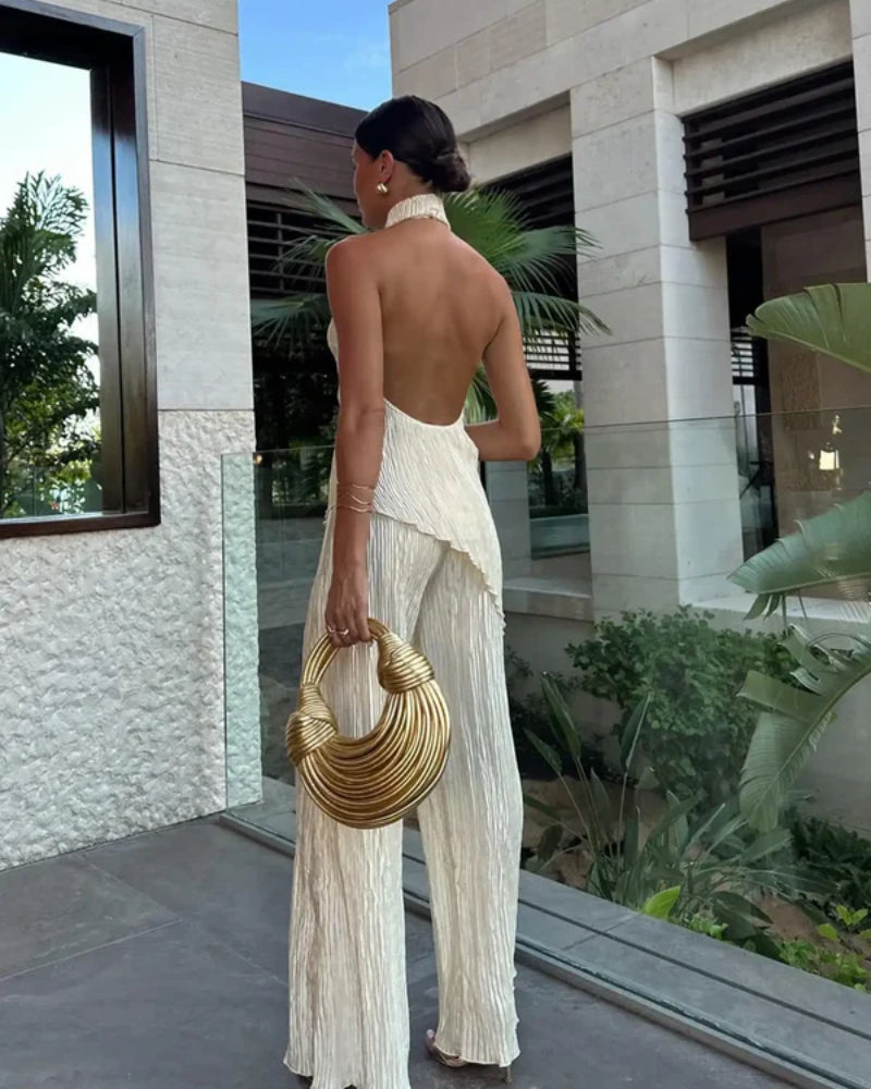 Buksedragt til kvinder – To-delt plisseret sæt med halterneck U-udskæring