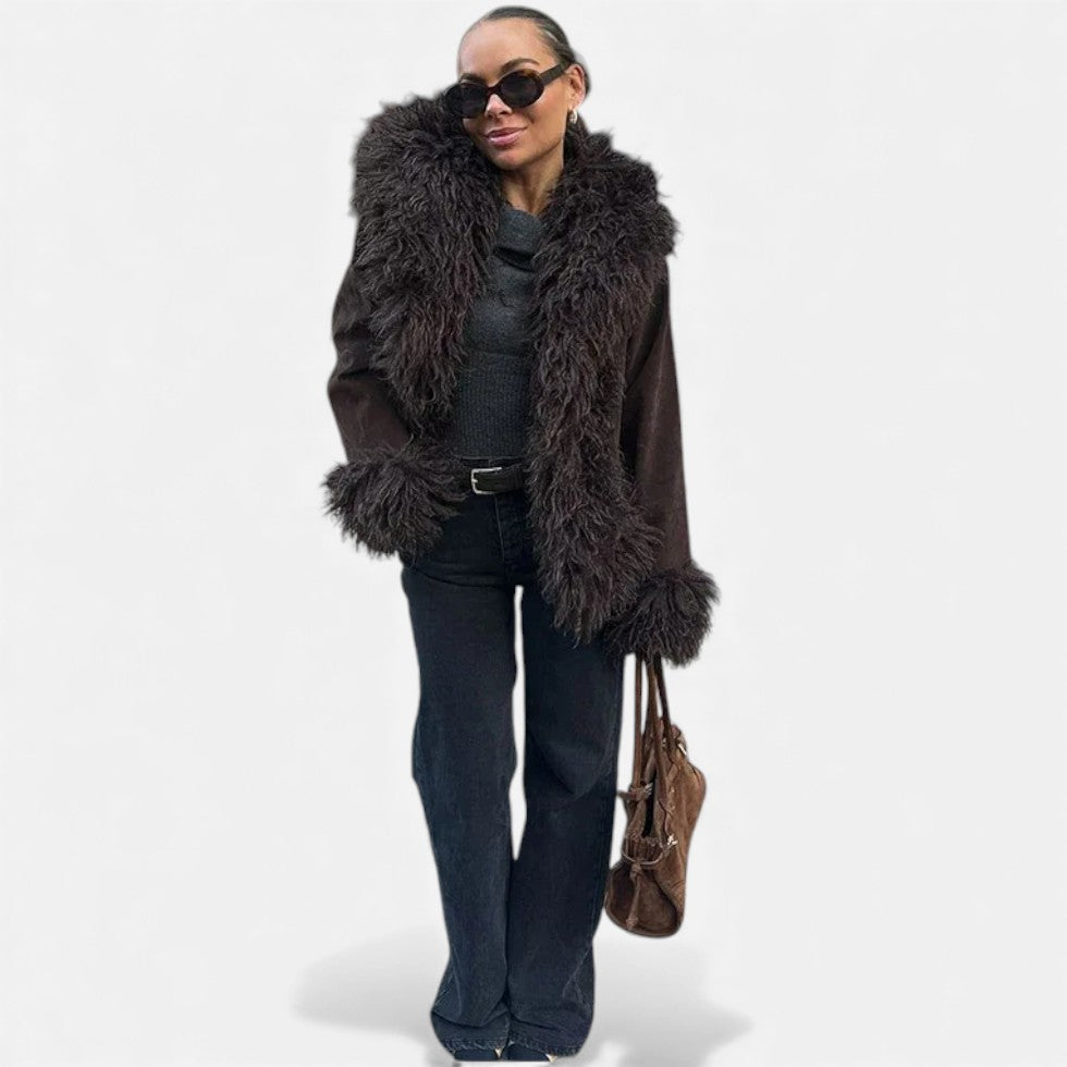 Dame faux fur jakke med bred krave