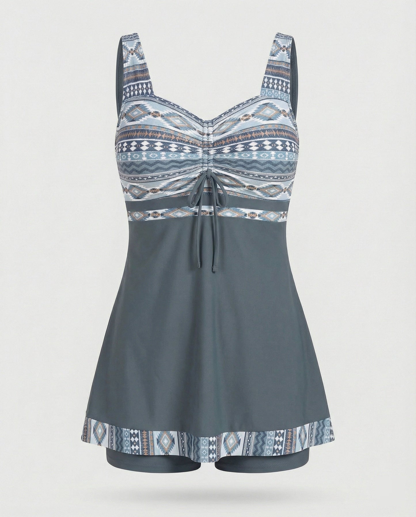 Smal, Blå Patchwork-Tankini – Lätt och Bekväm