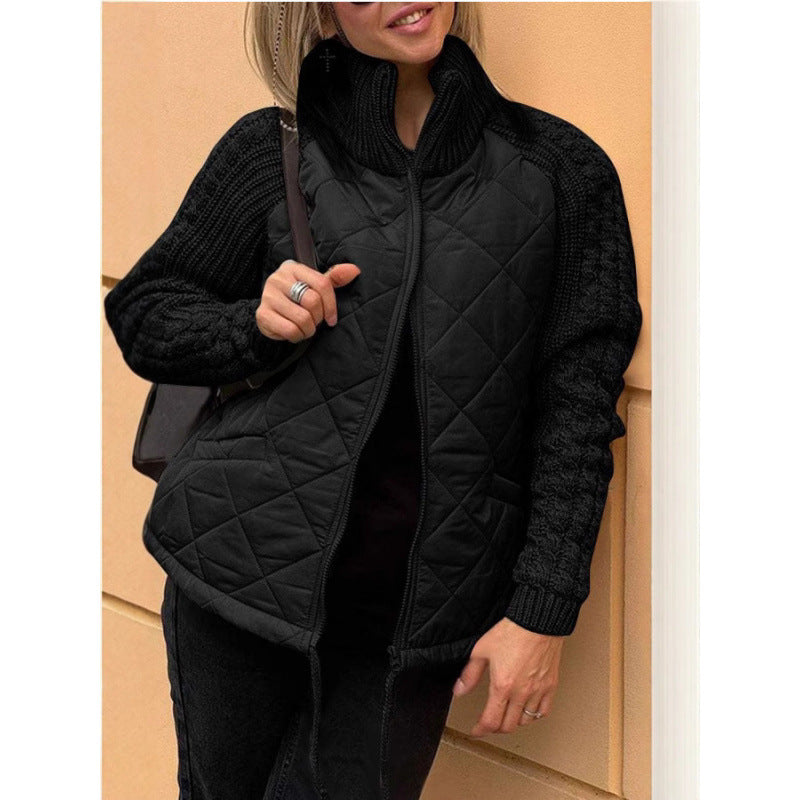 Modern quiltad jacka med stickade ärmar för dam