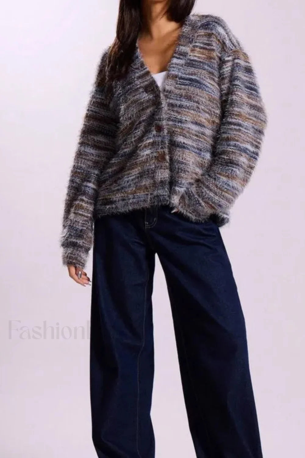 Chic V-Neck Strikjakke med Retro Streger