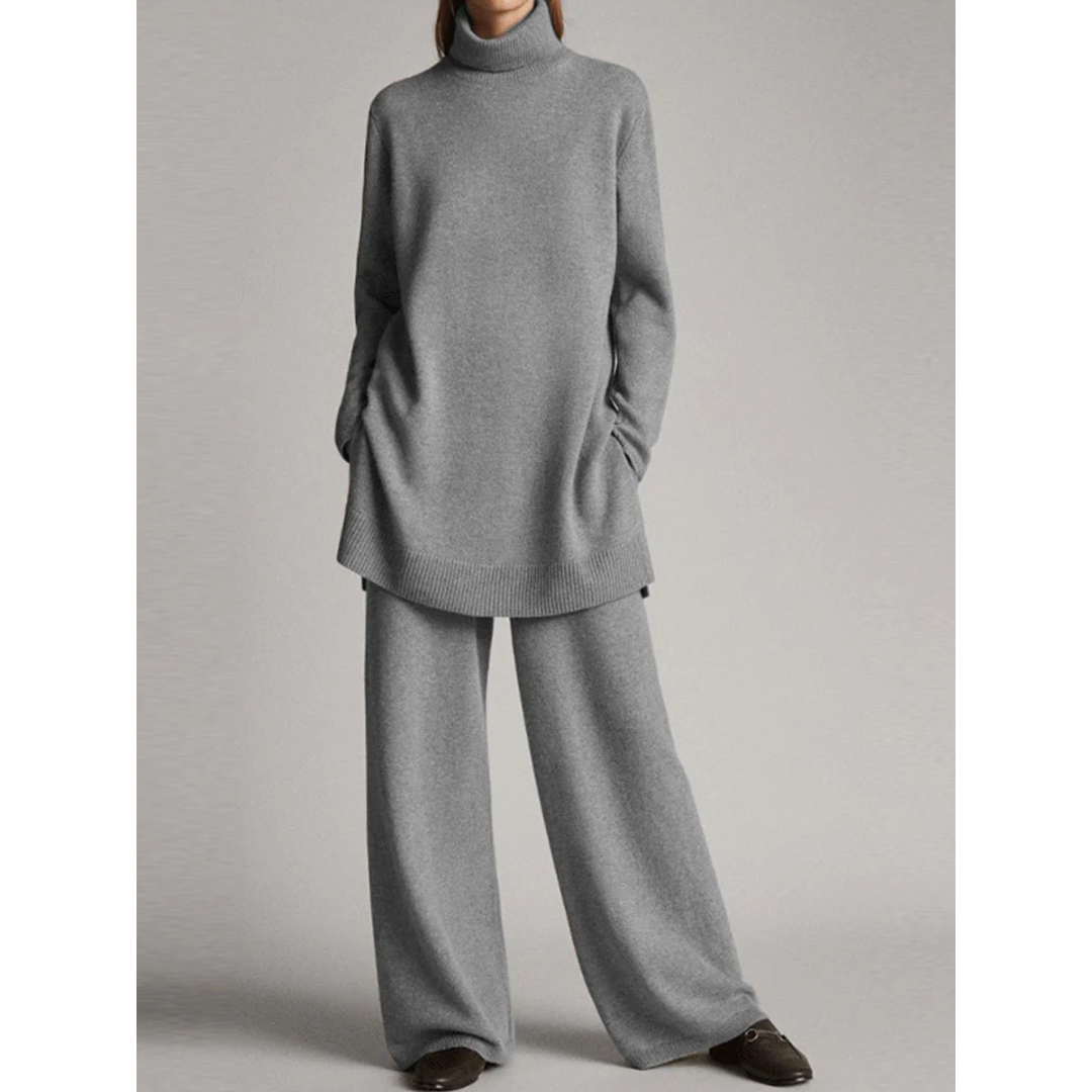 Elegant Sæt med Turtleneck og Vide Bukser – Stilfuld Uden Anstrengelse