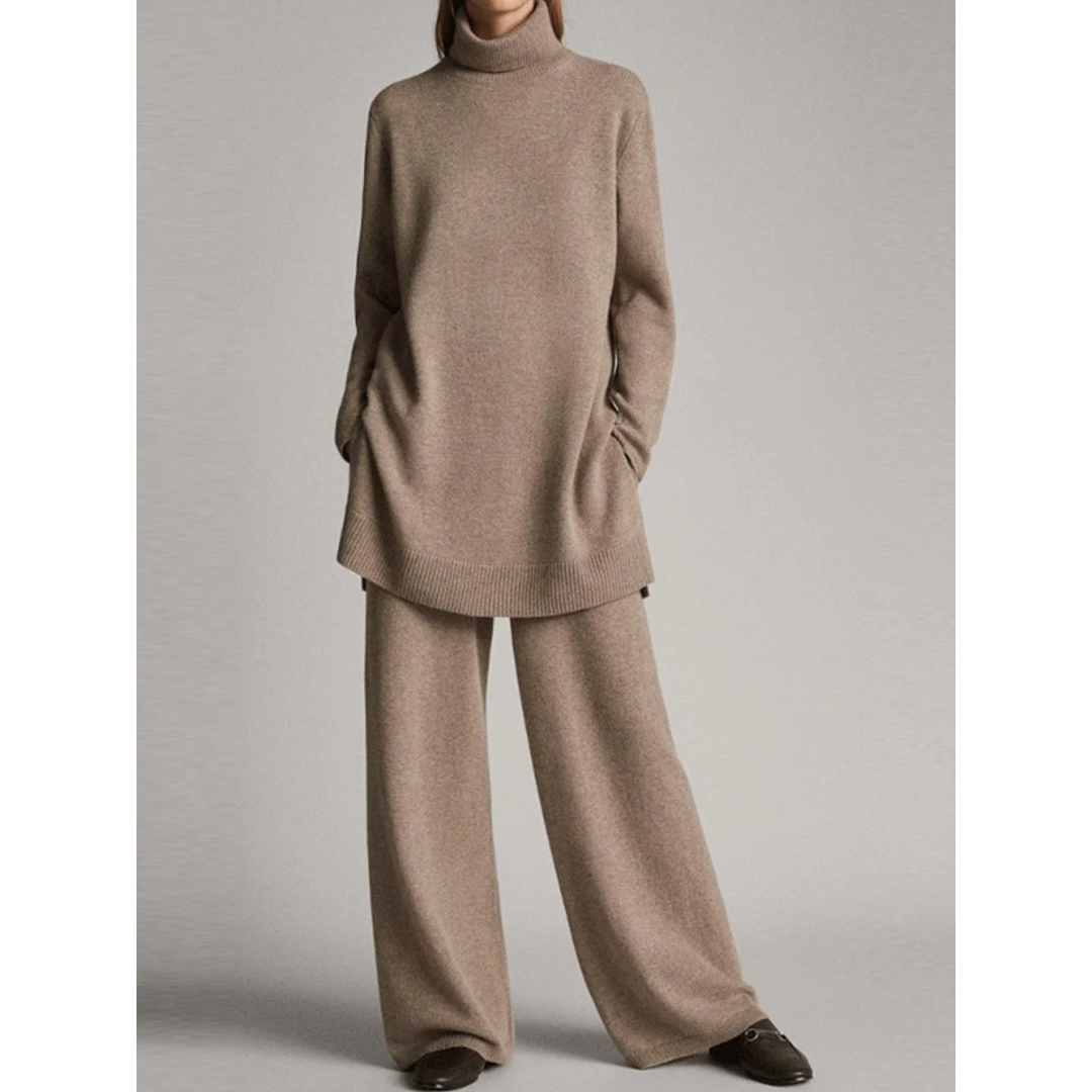 Elegant Sæt med Turtleneck og Vide Bukser – Stilfuld Uden Anstrengelse