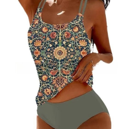 Retro Högskuren Bikini med Strandmotiv