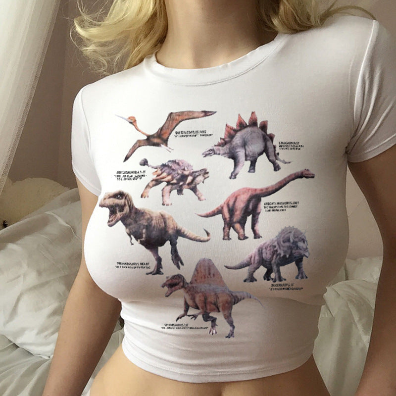 Dame Crop-Top med Dinosaurustema og Casual Snit