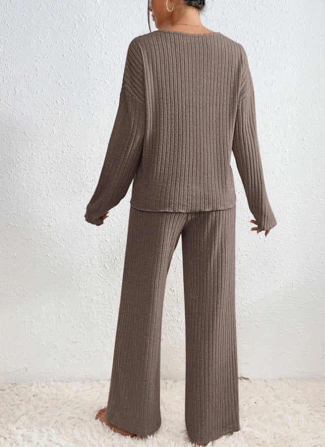 Elegant Loungewear Sæt med Langærmet Top og Løse Bukser